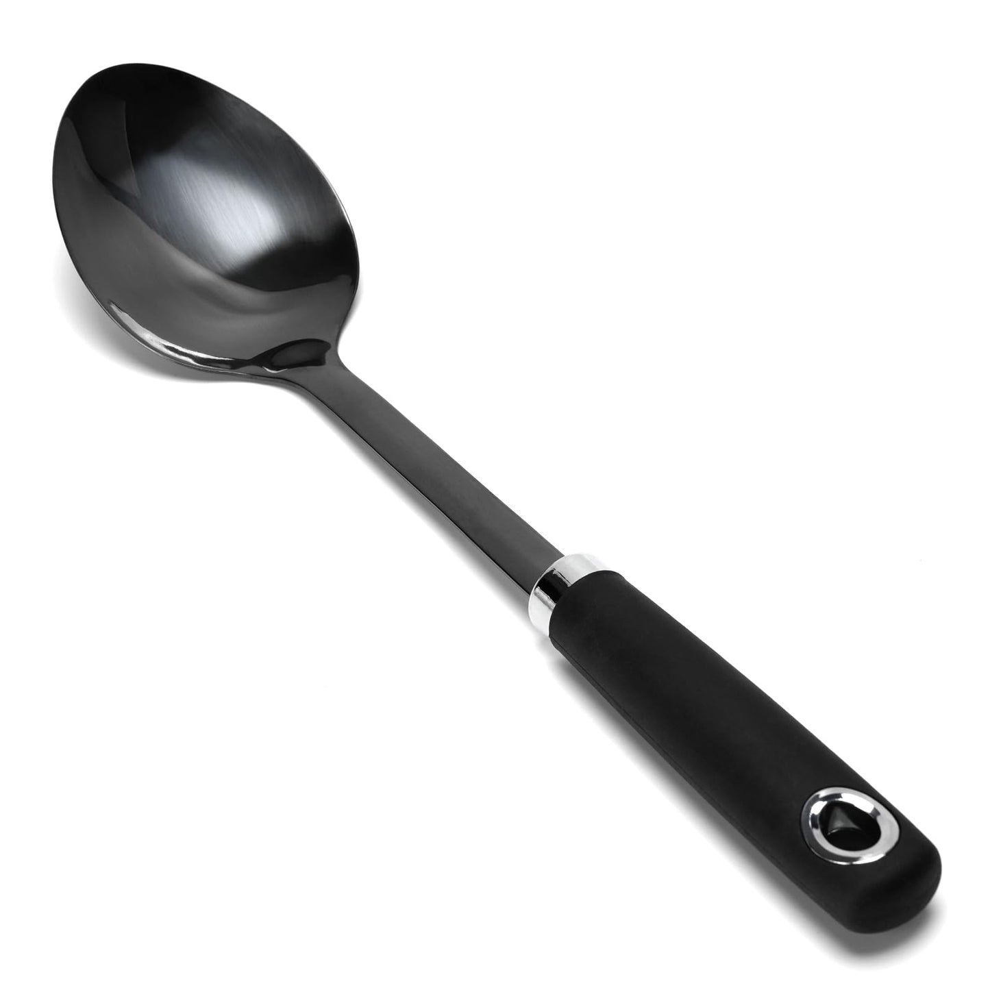 304 Stainless Steel Cooking Spoon, 14 Inch Solid Basting Spoon with Silicone Non-Slip Handle, Heavy Duty Serving Spoon for Stirring, Scooping, Mixing, Serving Soups, Sauces, Rice, Black
