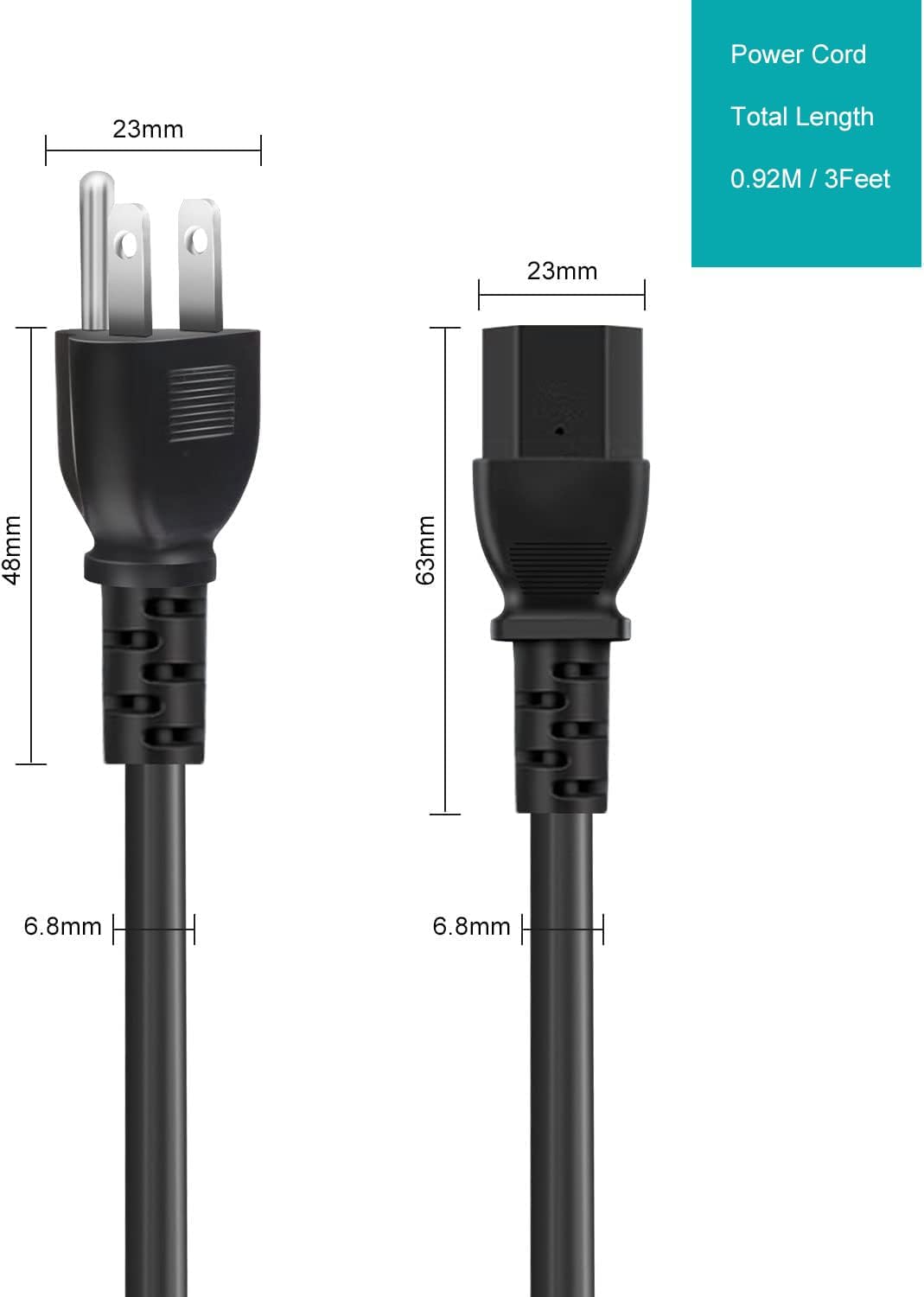 Narpendu 3-Prong 3 (0.92 Universal AC Power Cable for Computers, TVs, Monitors & More, Feet Meters), Black