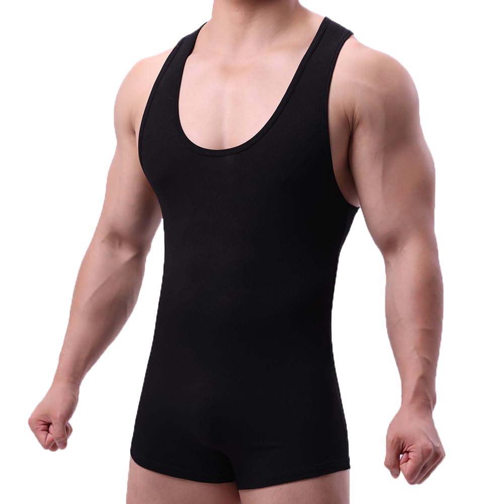 SPNSSTCR Men Athletic Supporters Bodysuits Leotard Wrestling Singlet Jumpsuits Seamless Slim Fits Shapewear Boxers (All Black, M)