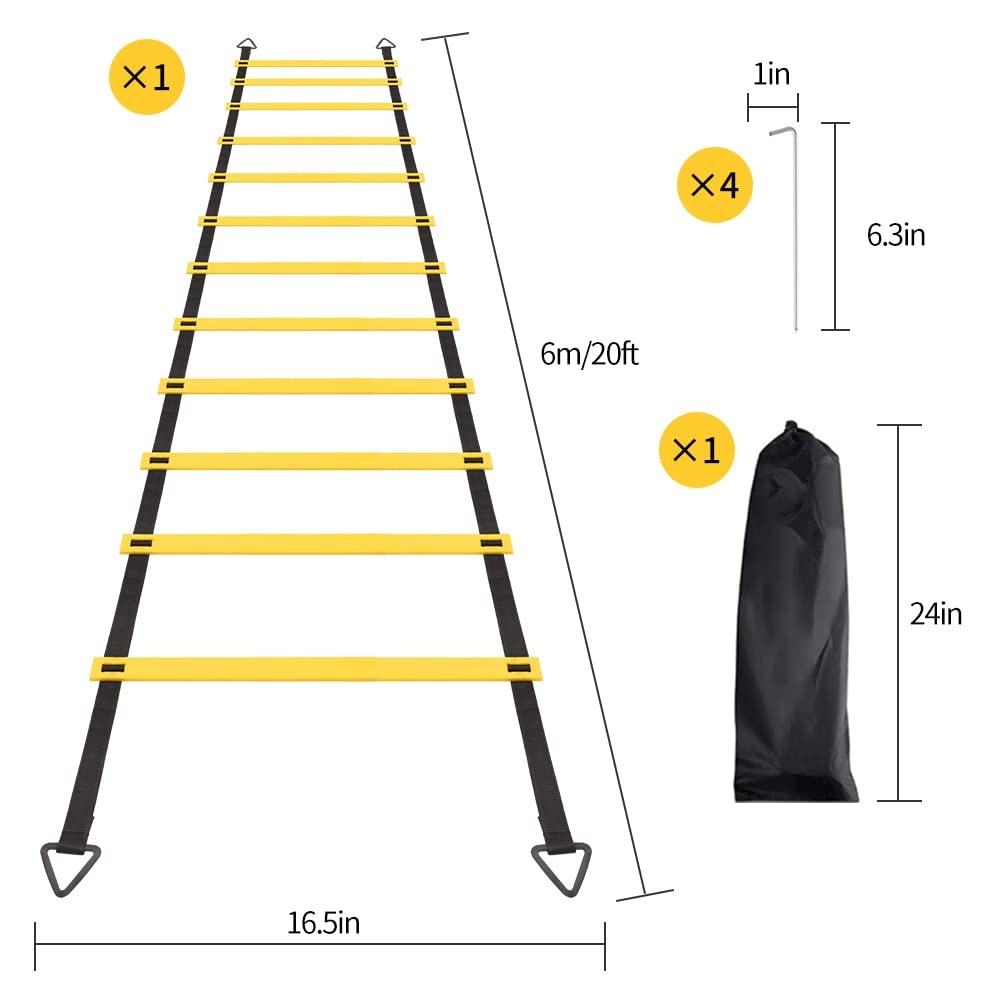 RUBY.Q 12 Rungs Agility Ladder Set, 20ft Speed Training Ladder with Steel Stakes and Carry Bag for Soccer, Speed Fitness Feet Training