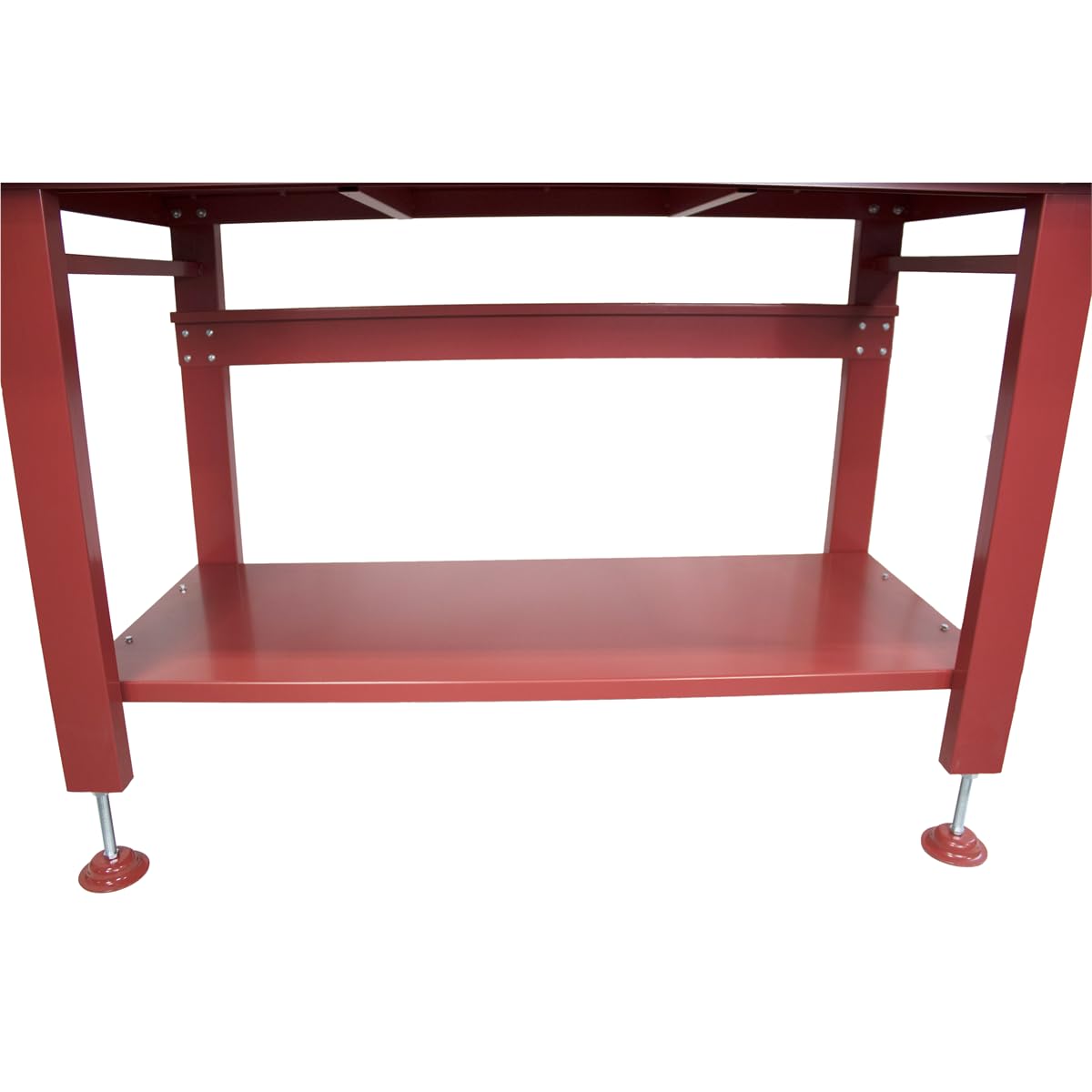 K Tool International 75111 60" x 34" Heavy Duty Work Table for Garages, Repair Shops and DIY, 1200 lb., 31" Height, Raised Edges, Bottom Shelf, Leveling Feet, 13 Gauge Steel, Powder Coated Finish, Red