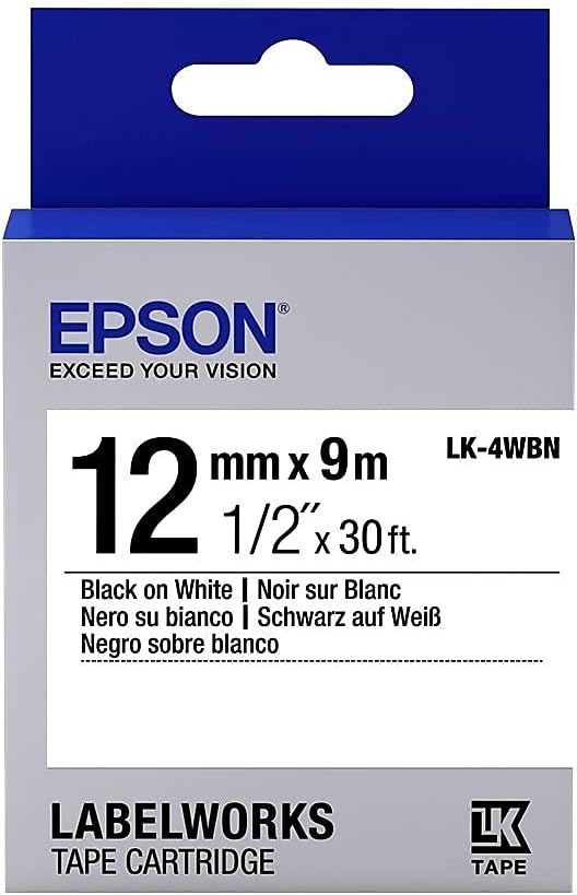 ~1/2" (LK-4WBN) LW-300, 400, 600P, 700 Epson LabelWorks Standard Tape Cartridge Black on White - for use with Label