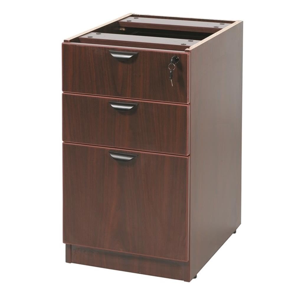 Pemberly Row Contemporary L-Shape Desk with Pedestal in Mahogany