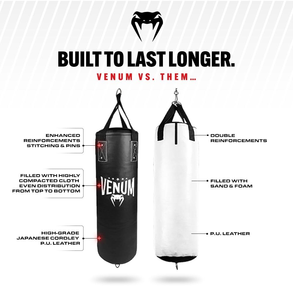 Venum Origins Punching Bag (Ceiling Mount Included) - Black/Black, 70 lbs
