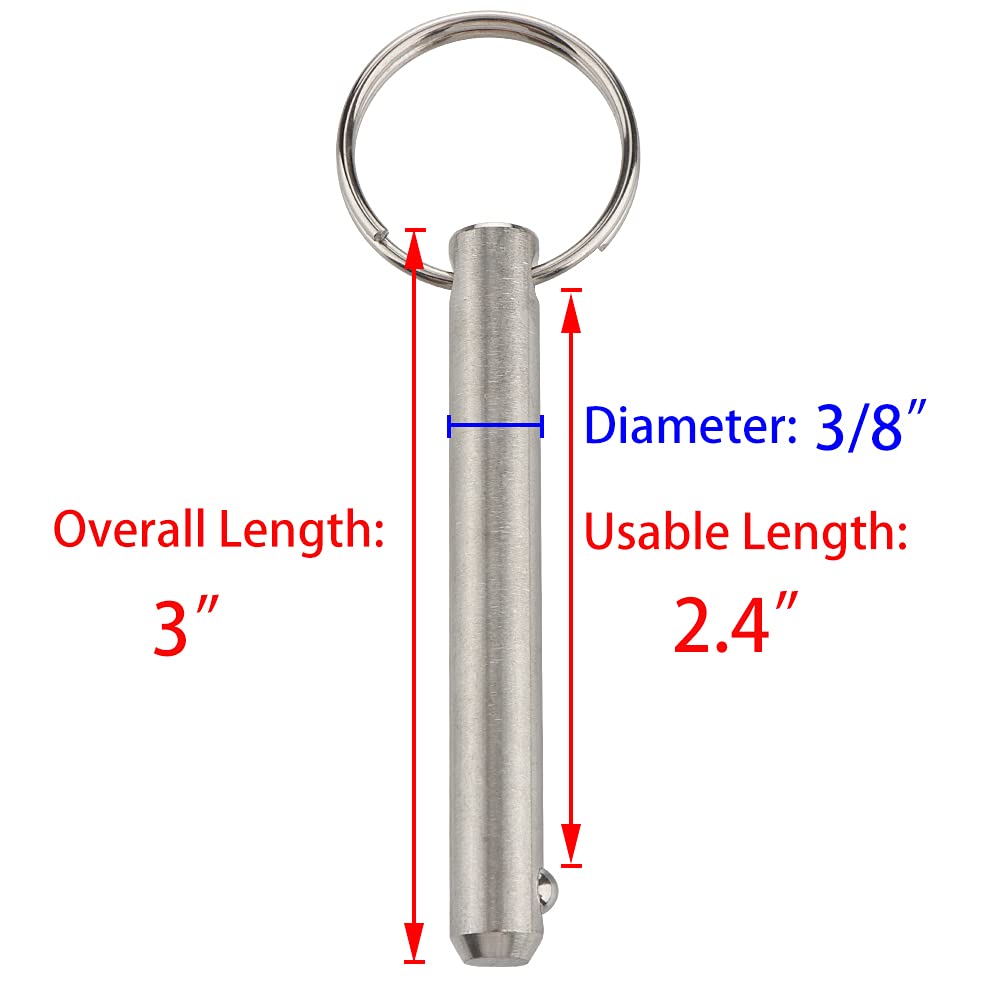 2 Pcs Large Quick Release Pins, Diameter 3/8"(9.5mm), Usable Length 2.4"(61mm), Overall Length 3"(76mm), Full 316 Stainless Steel, Bimini Top Pin, Marine Hardware