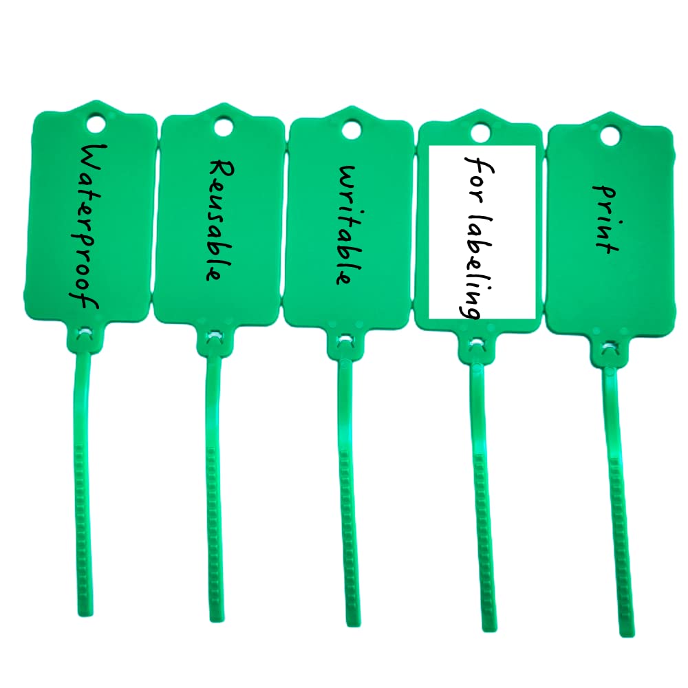 100pcs Reusable Blank Plastic Tags Ties Key Tags 1.45"*2.48" Serrated Tension Sealing Strap with Large Label Plastic Tie Mark Label Waterproof Hang Sign Write on Tag (Green, 100pcs)