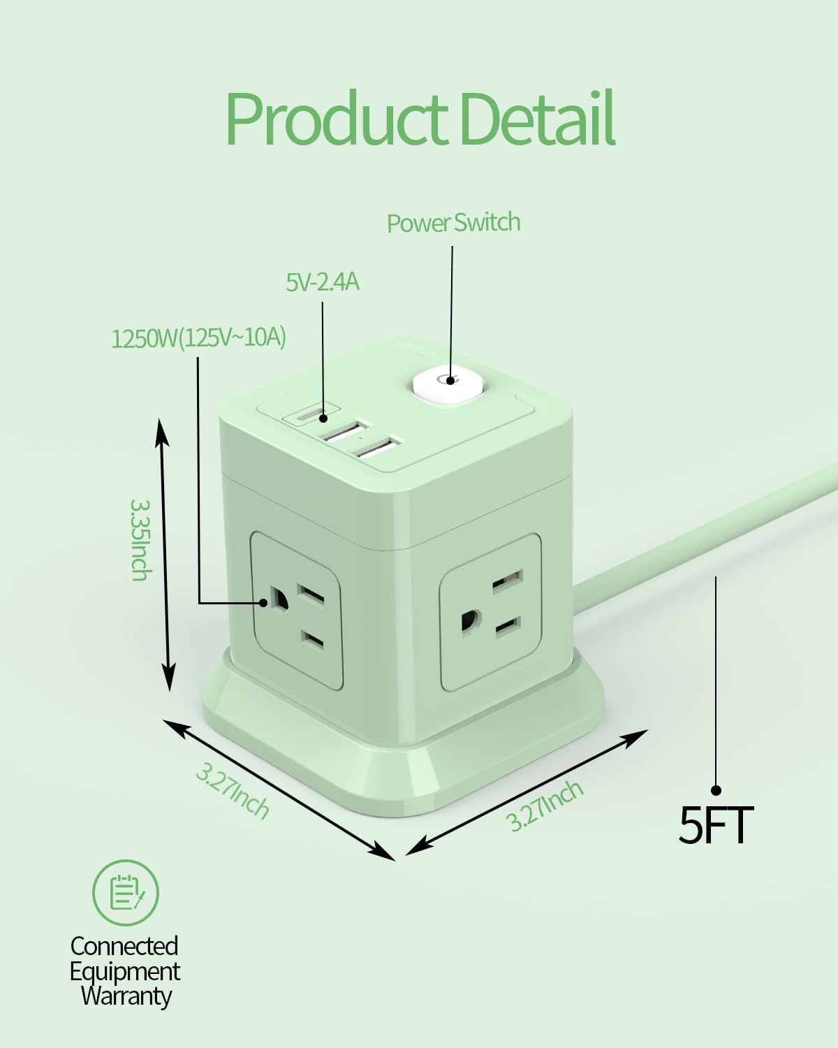 FDTEK 4 3 (1 Cube Power Strip, Widely Spaced Outlet with USB USB C) Flat Plug Power Strips with Long Extension Cords