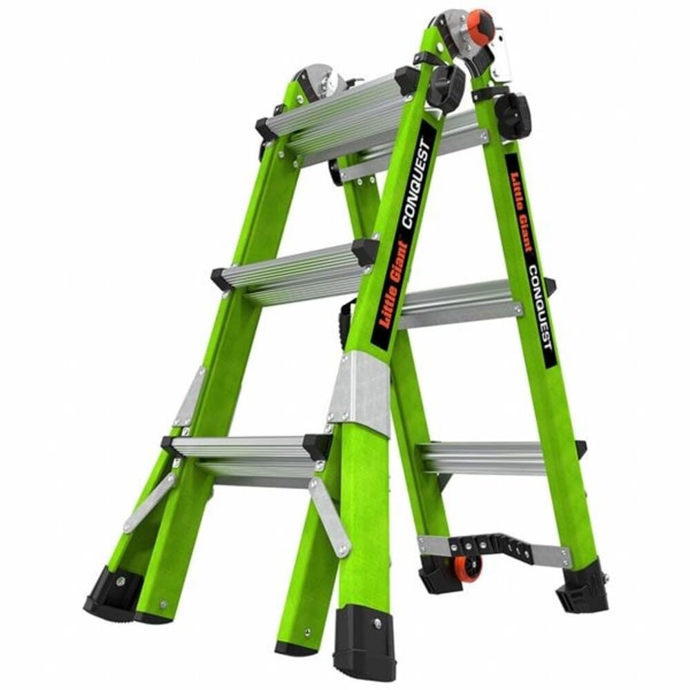 Little Giant Conquest 2.0, Model 13 – Fiberglass Multi-Position Ladder, Type IAA 375 lb Rated – Extension, Stepladder & Staircase Use – V-Bar, Rapid Lock, Tip & Glide Wheels, Hi-Viz Rails