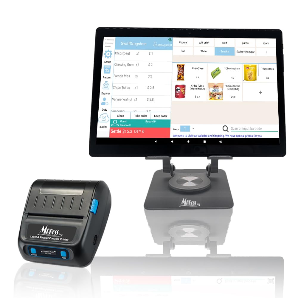 MR.BOSS MRBOSS Mobile POS Cash Register 10.1” Tablet 3" 80mm Receipt Portable Printer Software app for Small Business Restaurant Retail Grocery Convenience Mobile Food Dining car