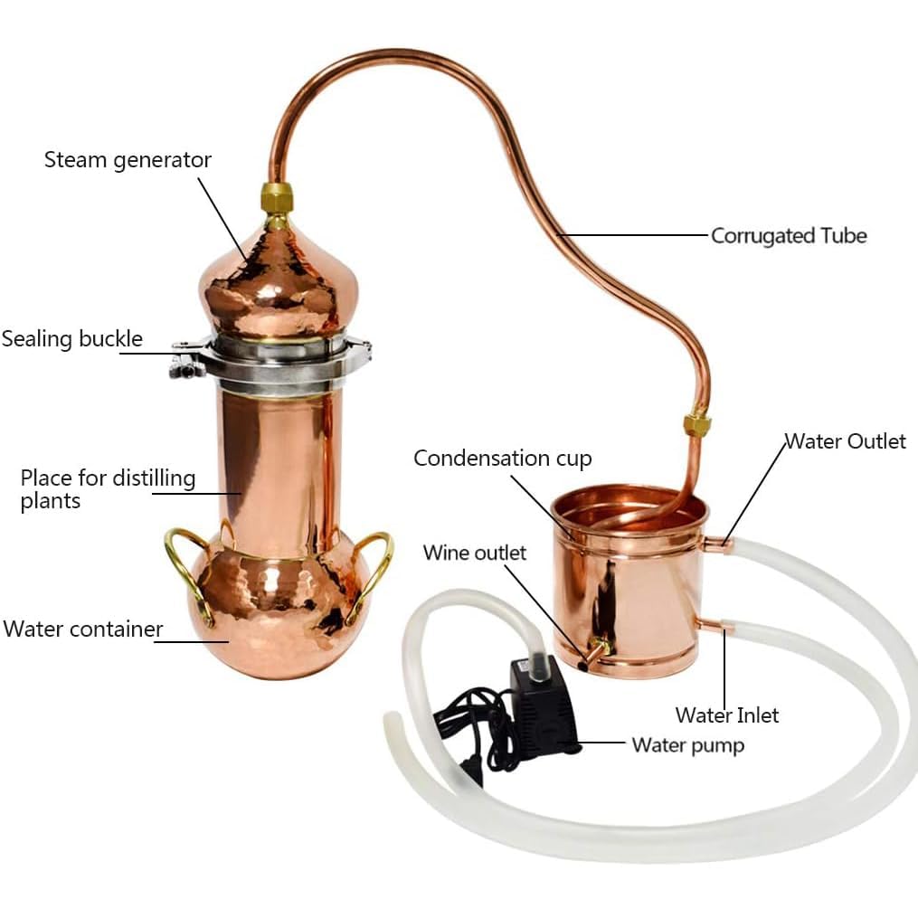 MiBoce Copper Moonshine Still, 2L/3L Pure Copper Alembic Still, Household Small Fresh Flower Essential Oil Distiller, with Cooling Tube, for Whiskey, Moonshine Essential Oils, Distilled Hydrosol