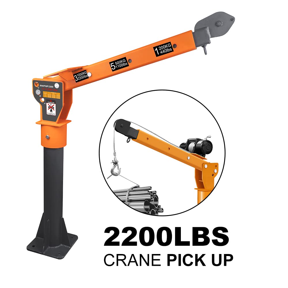 RUGCEL 2200 lb Folding Truck-Mounted Jib Crane, 360° Swivel, Painted Steel, with 5000 lb 12V Electric Winch
