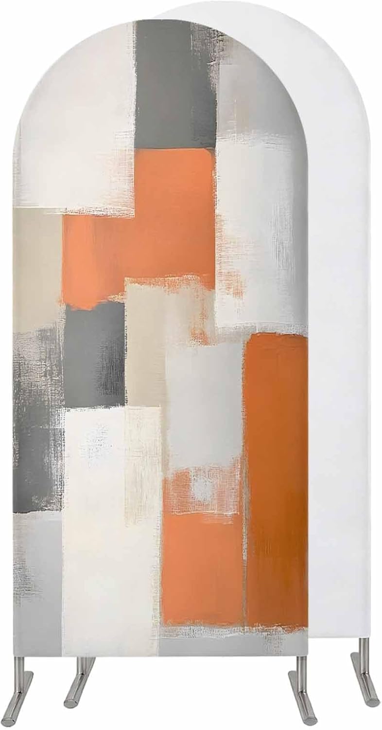 Jnbasdffb 7.2 Orange Beige Geometric Wedding Arch Cover, Stretchy Spandex Arch Backdrop Stand Covers FT, Abstract Grey