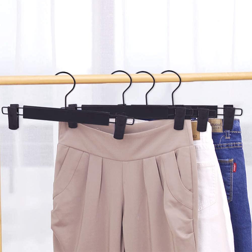 Skiennix Skirt Hangers - Space-Saving Pants Hangers with Clips & 360° Swivel Hooks | 10-Pack, Black