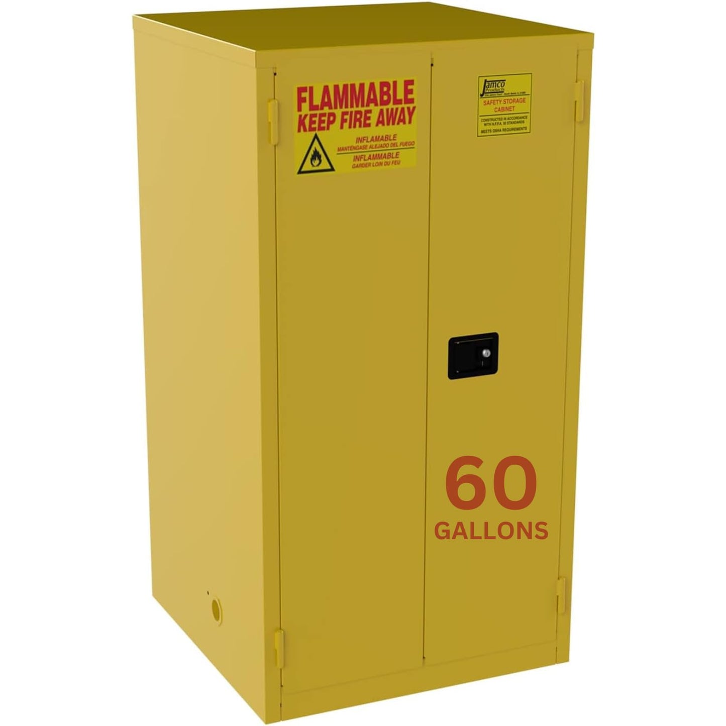 Jamco 60 Gallon Flammable Safety Cabinet, Steel Flammable Storage Cabinet with Lockable Manual Closing Doors, Non Forkliftable, 34" x 34" x 65", Yellow