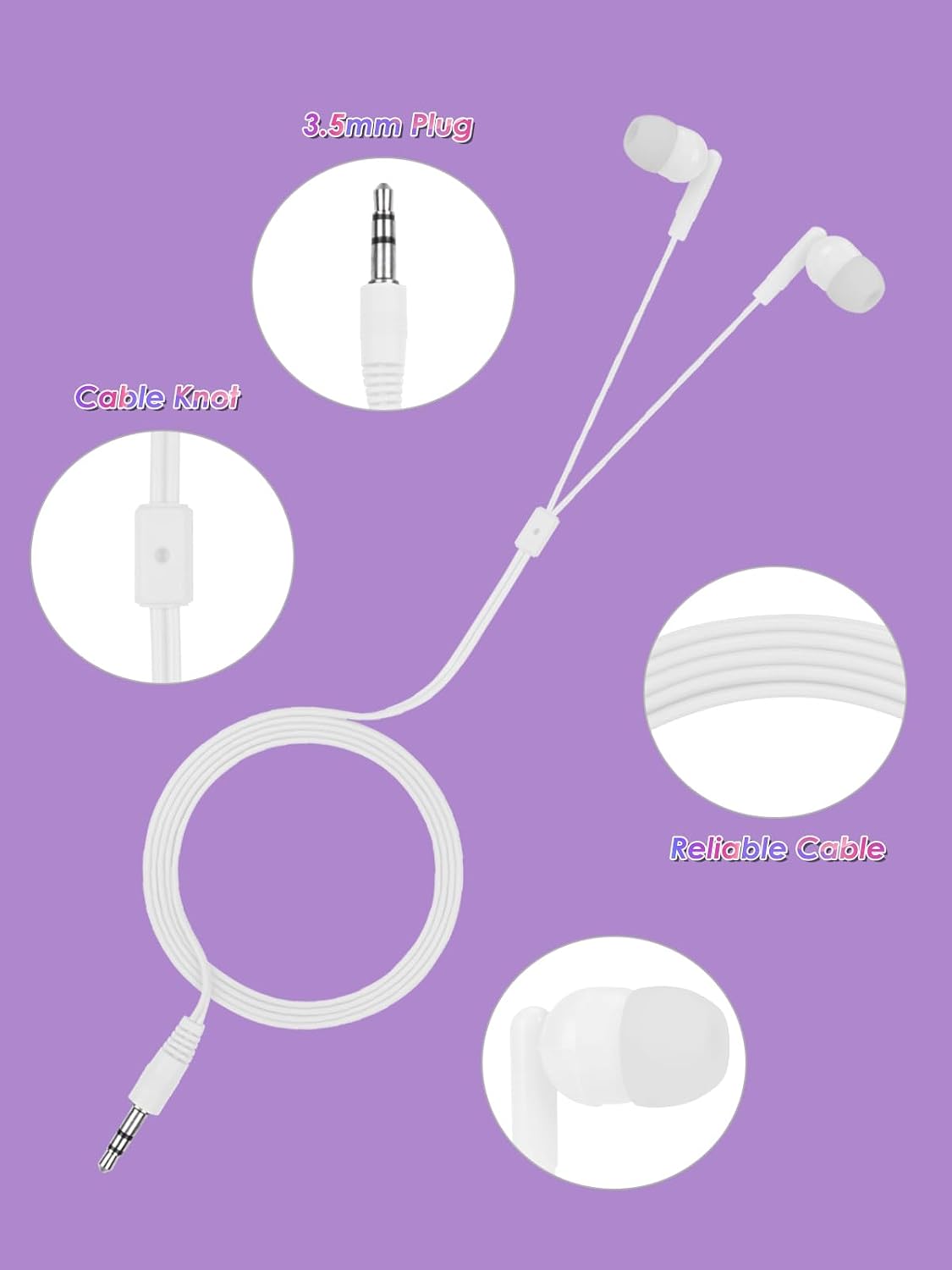 50 Pack Set, 3.5mm Earbuds Bulk for School, Wired in-Ear Class White Earphones for Classroom Office Travel Individually