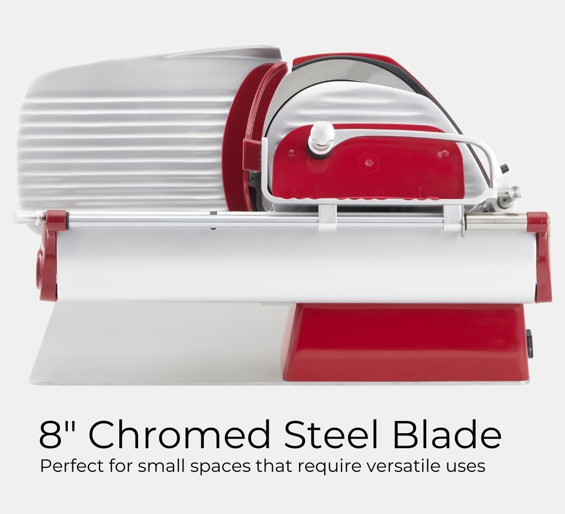 VBI Milano 1898 Home Line Plus 200 Food Slicer | 8-inch Chromed Steel Blade | Adjustable Thickness | Premium Electric Slicer for Prosciutto, Cold Cuts, Cheese, Bread, Veggies and more (Red)