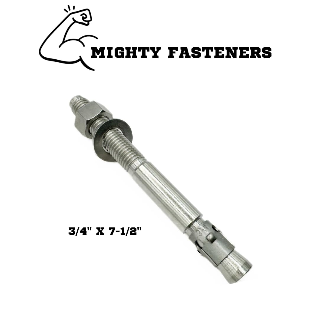 Mighty Fasteners Wedge Anchors – Heavy-Duty 304 Stainless Steel Expansion Bolts for Concrete & Masonry, Rust-Resistant & Durable - 3/4" X 7-1/2" - 10 Pack