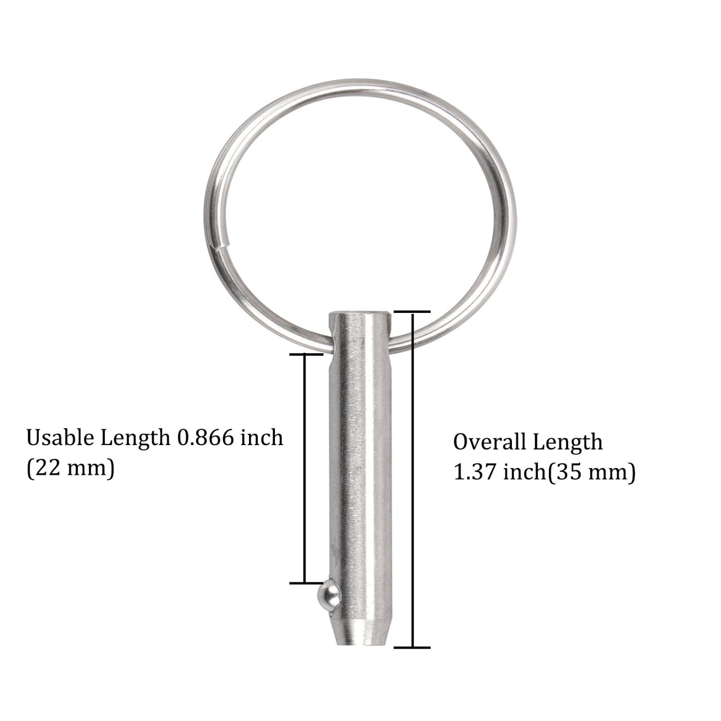 4 PCS Marine 316 Stainless Steel Quick Release Pin Bimini Top Pin, Diameter 3/16"(4.8 mm), Overall Length 1.37"(35 mm), Usable Length 0.866"(22 mm)