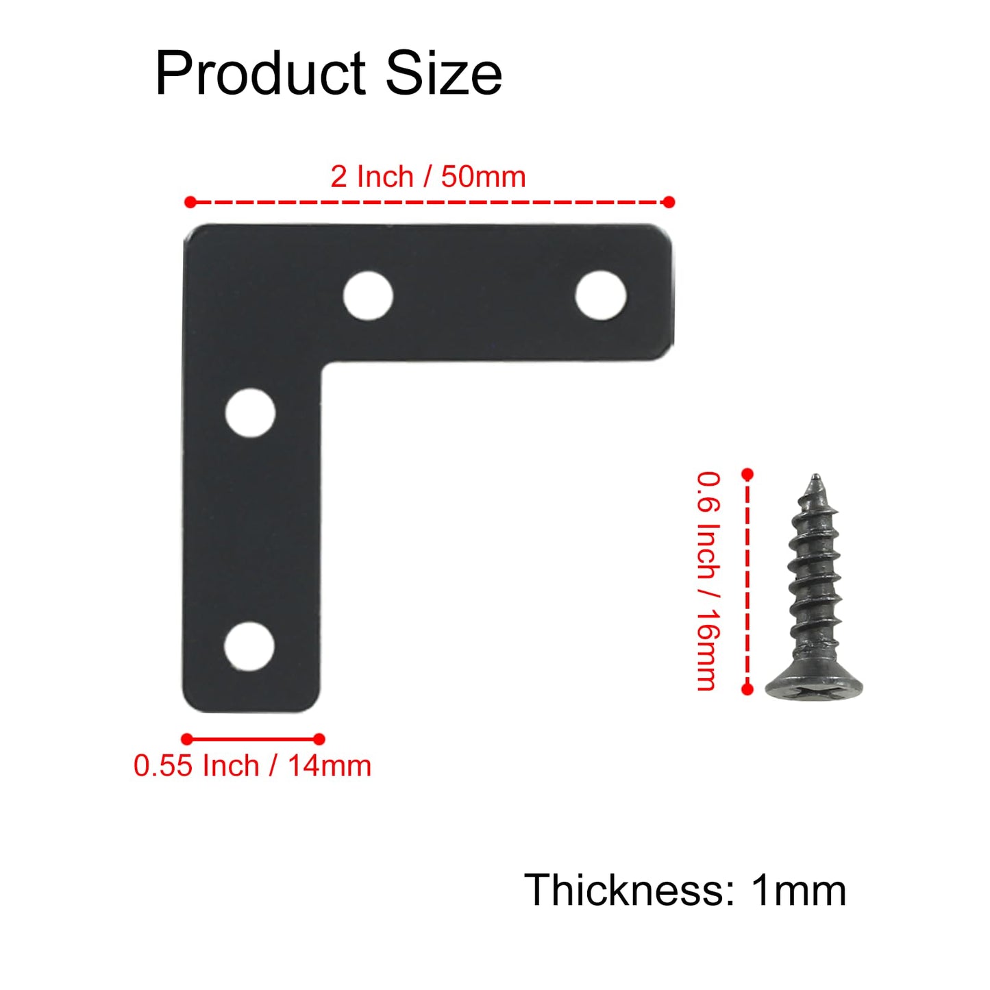 Hordion 10Pcs 2 x 2 Inch L Bracket Corner Brace (50 X 50mm), Iron Flat Corner Bracket Heavy Duty, Metal L Shaped Bracket Support Brace, Right Angle Bracket Repair Plates with Screws