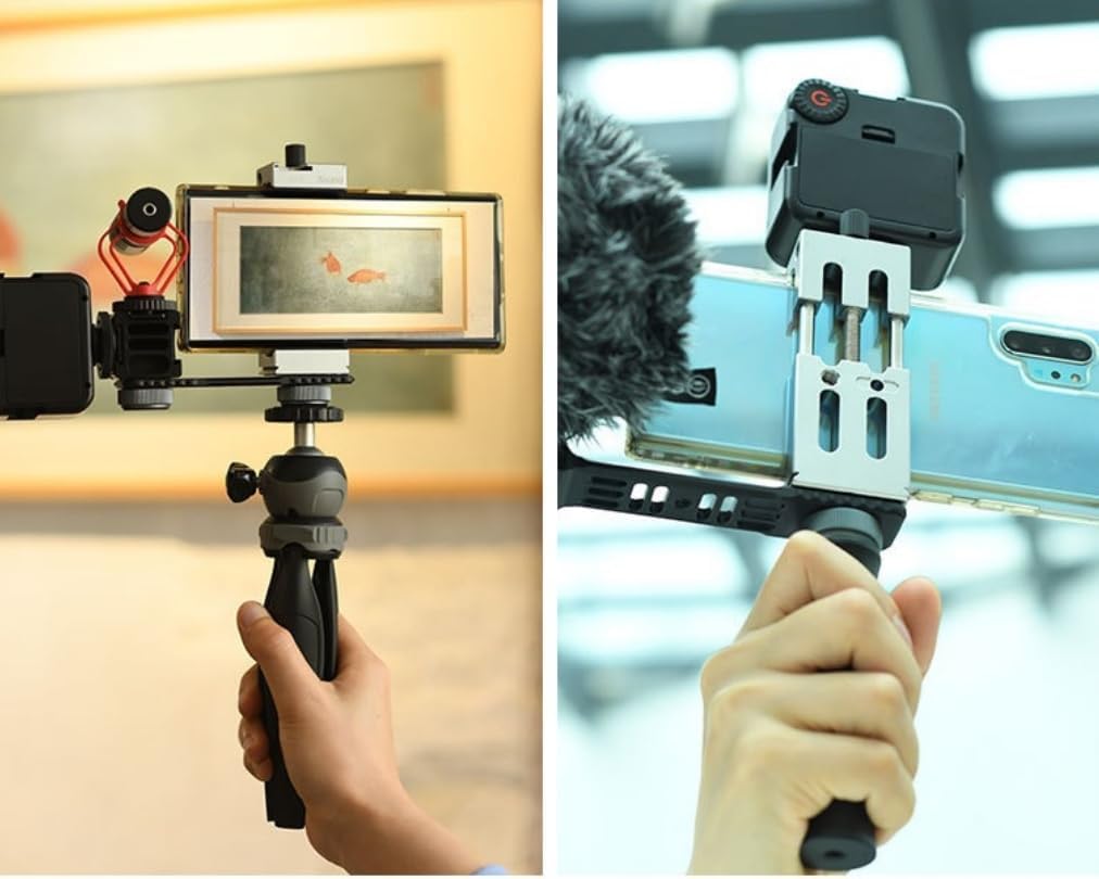 3 1/4" Port,360Rotation Aluminum Metal Phone Tripod Mount with Cold Shoes & Arca Cell Phone Tripod Adapter for Phone