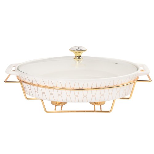 jinsongdafa 12" x 8" Ceramic Oval Casserole Dish with Glass Lid and rack, 54 ounce Serving Soup Tureen,Chafing Dish for Buffet, Family Food preserve Tray, Catering Casserole for Party Style, White