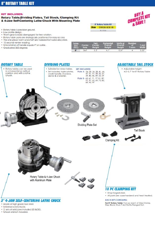HHIP 3906-2318 8" Rotary Table Tailstock Dividing Plates Lathe Chuck & Clamping Kit
