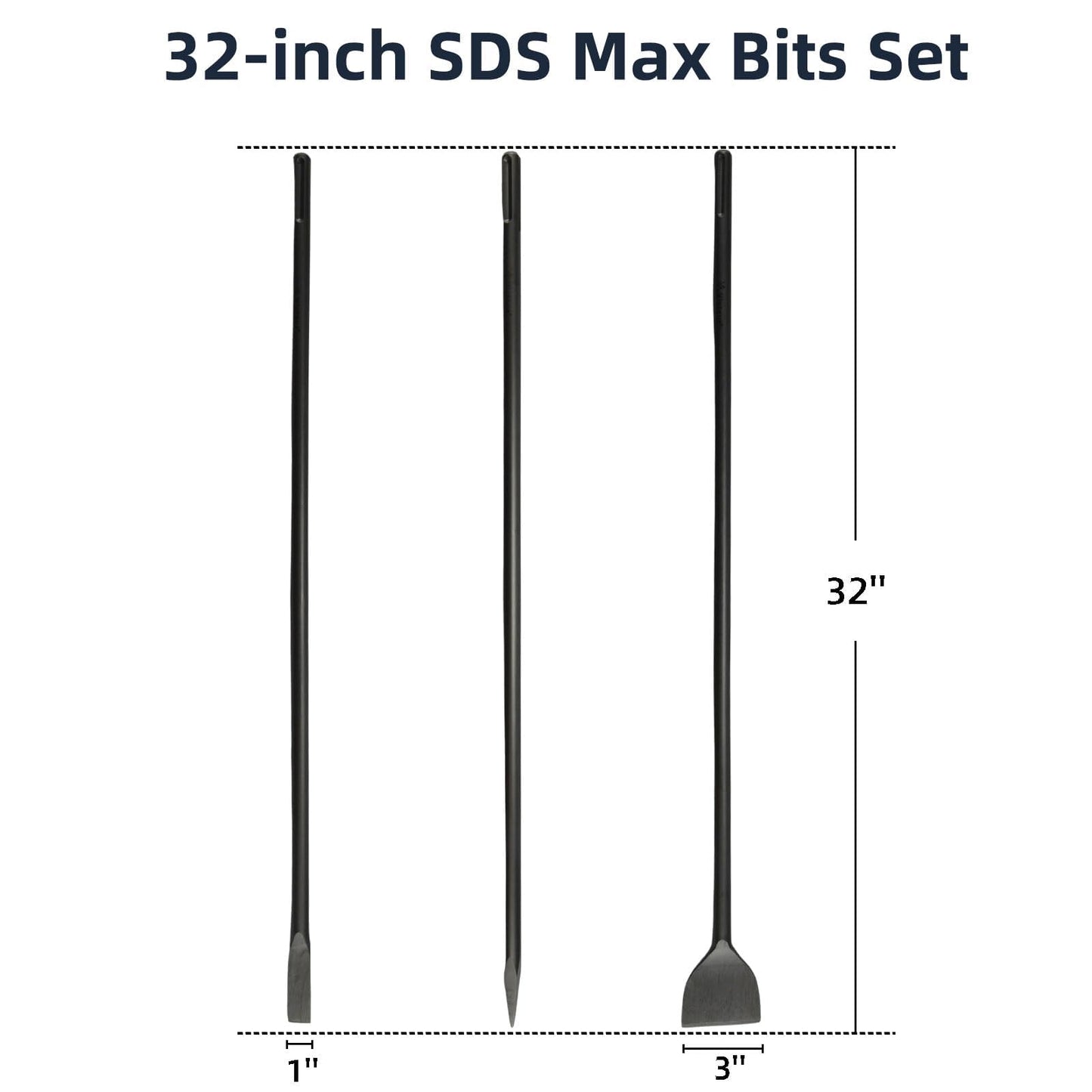 32" SDS Max 3pc Set - 1 Inch Flat Chisel, Point Chisel and 3 Inch Scaling Chisels - Masonry Concrete Drill Bit Set 40Cr Steel SDS Max Bits Rotary Hammer Drill for Brick Stone Concrete