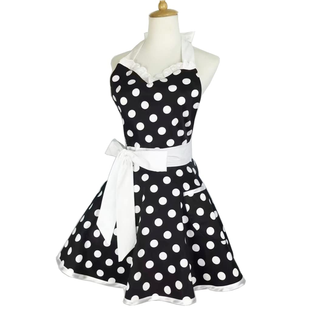 Hyzrz Lovely Sweetheart Retro Kitchen Aprons Woman Girl Cotton Polka Dot Cooking Salon Dress Pinafore Vintage Apron Mothers Gift (Black)