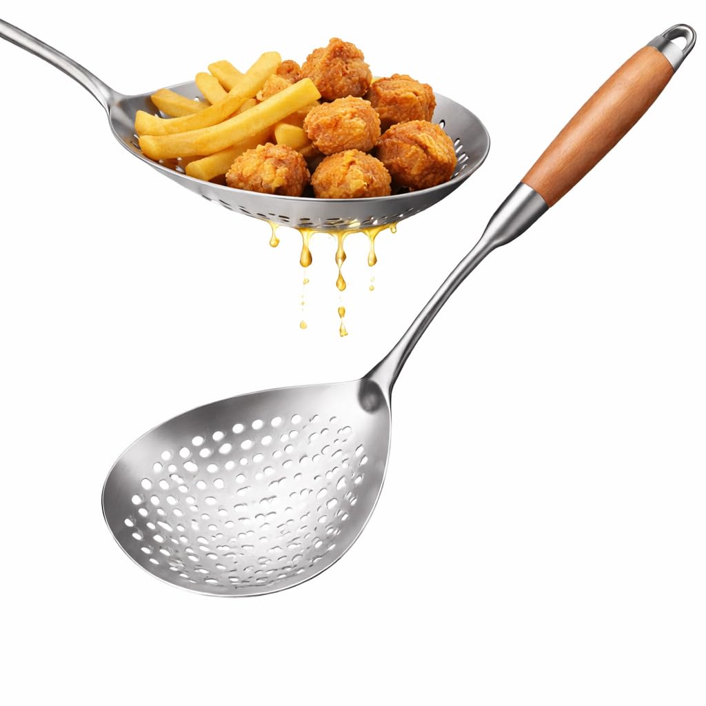 Stainless Steel Skimmer Spoon, Slotted Ladle Spider Strainer for Frying, Pasta and Cooking, Durable Kitchen Tool for Draining Oil and Water