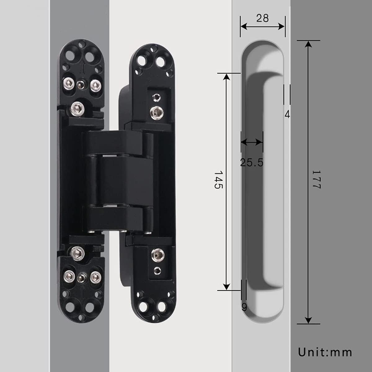 Ranbo 7 x 2.8 x 1.1 inch Zinc Alloy/Aluminum Alloy Material Heavy Duty Invisible/Concealed/Hidden 3 Way Adjustable Butt Hinge Suitable for Commercial Residential Industrial Door (7 inch Black)