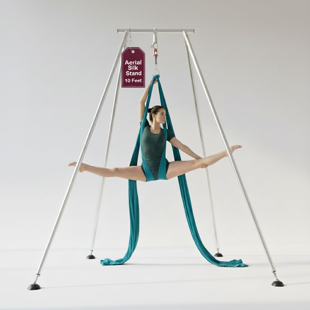Houseables Aerial Silks, Aerial Yoga Stand, Yoga Swing Stand, Ariel Silks For Home, Ariel Swing, 10 FT Steel Frame, 13 YD Teal Fabric, Hammock, Gymnastics, Acrobatics, Indoor, Equipment Set, Portable