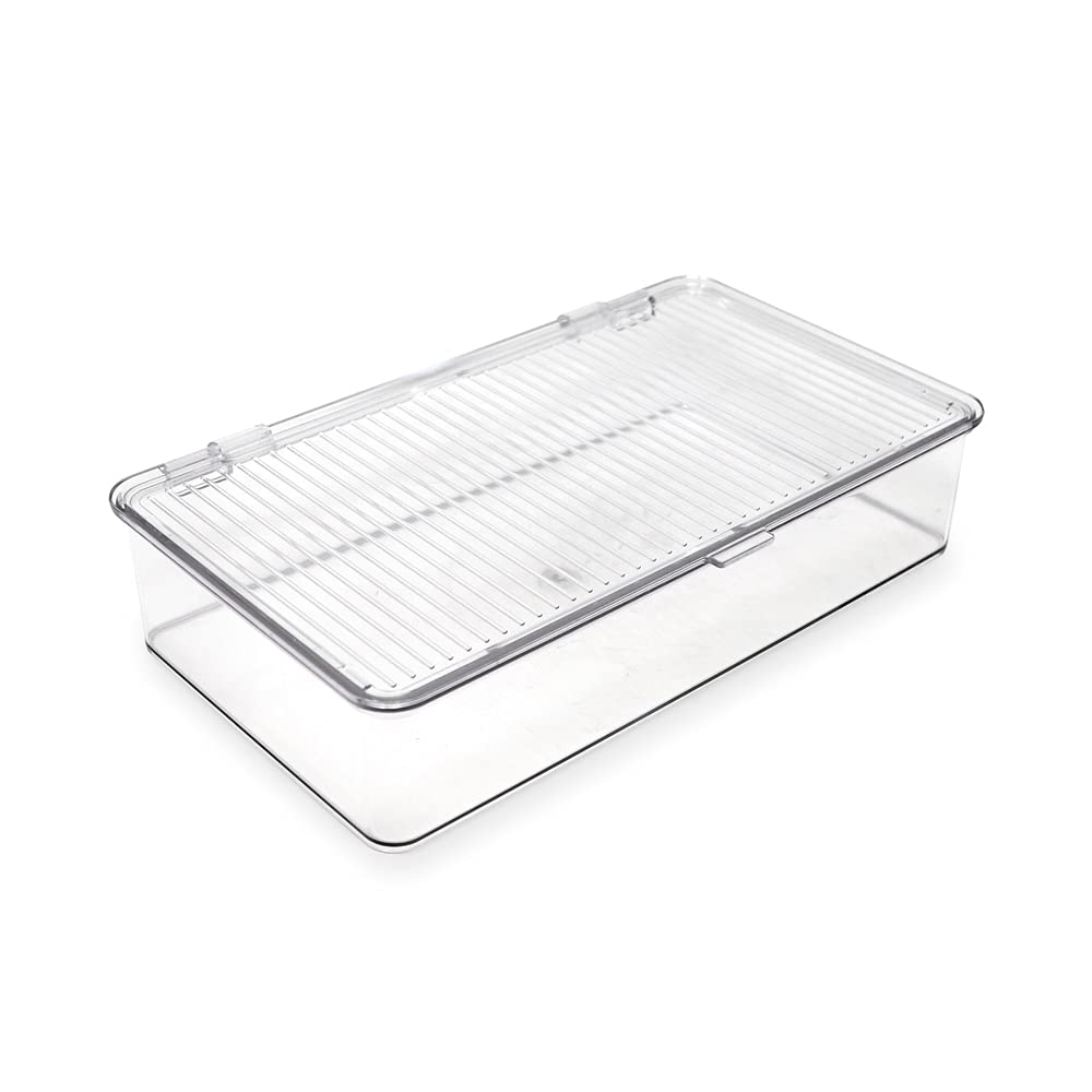 Isaac Jacobs Small Stackable Organizer Bin (10.75” x 6.5” x 2.4”) w Hinged Lid Clear Storage Box Home Office School Fridge Bathroom Kitchen Pantry Container BPAFree Food Safe (Small Clear)