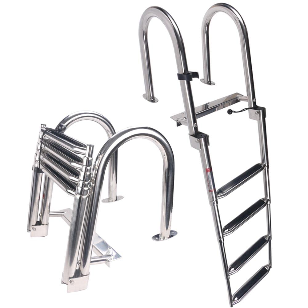 Stainless Steel in-Board 4-Steps Ladder Welded Reinforce Folding Docking Ladder, Folding Telescoping Rear Entry Inboard Ladder