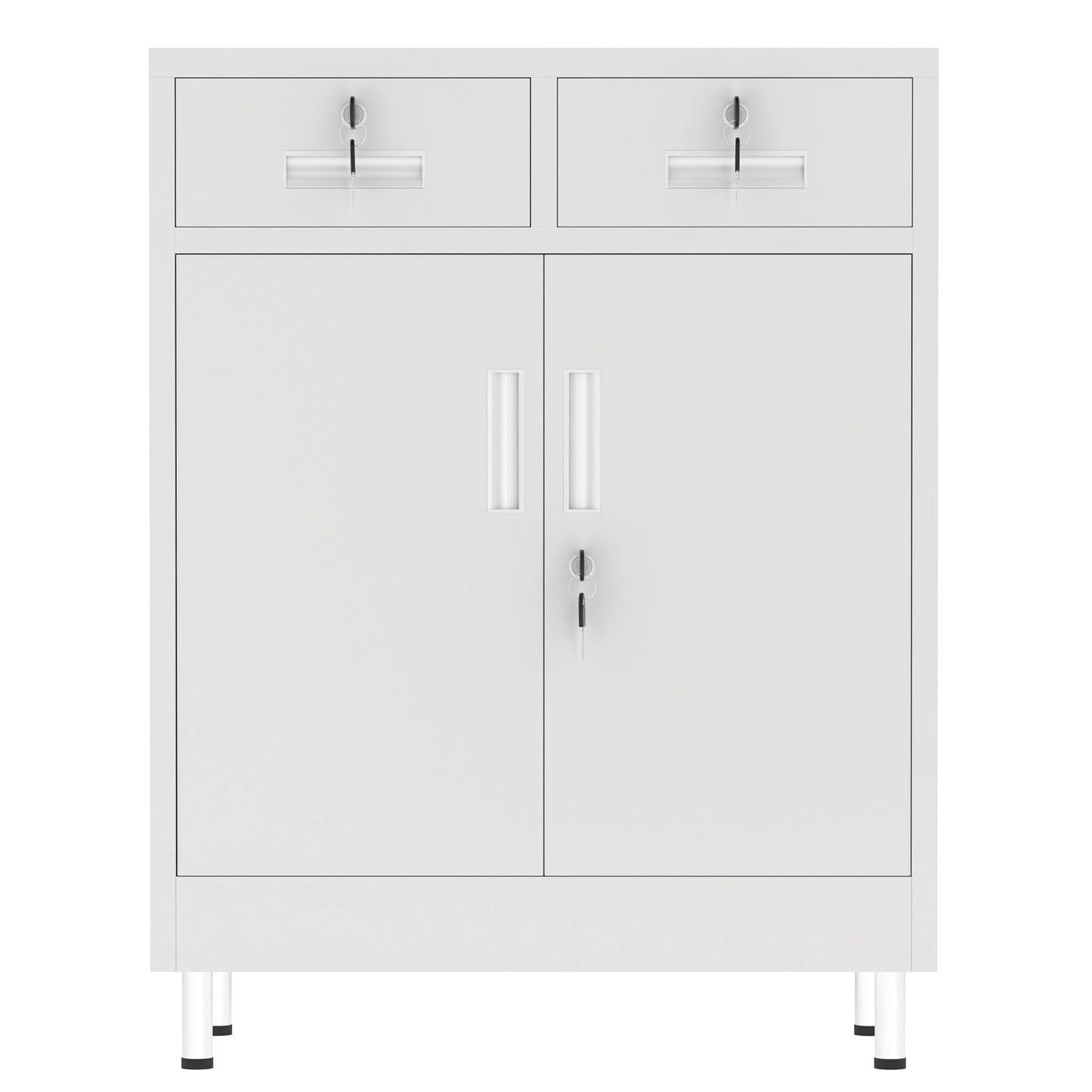 JINGUR Metal Storage Cabinet with Locking Doors and 2 Drawers, Lockable Storage Cabinet with Adjustable Shelf for Home Office Garage Entryway Pantry (White)