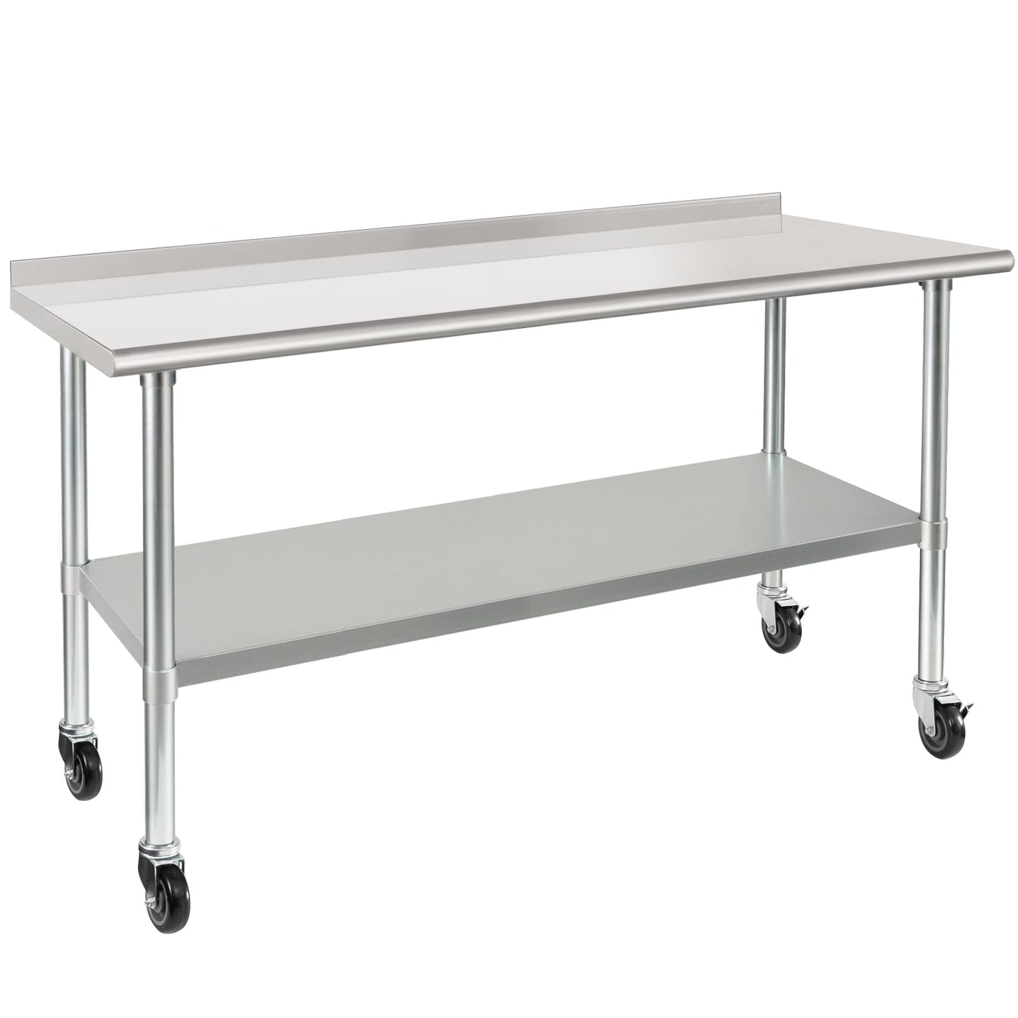 HARDURA Stainless Steel Table 24 x 60 Inches with Wheels Casters NSF Heavy Duty Commercial Prep Table with 2” Backsplash and Adjustable Undershelf for Restaurant Kitchen Home and Hotel