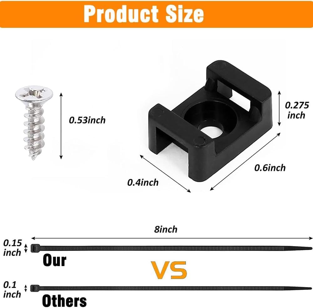 XVTHOAKU Kit-50 50 8" 50 Black Cable Zip Tie Mounts Pcs Cable Zip Tie Saddle Type Mounts Base with Pcs Cable Ties