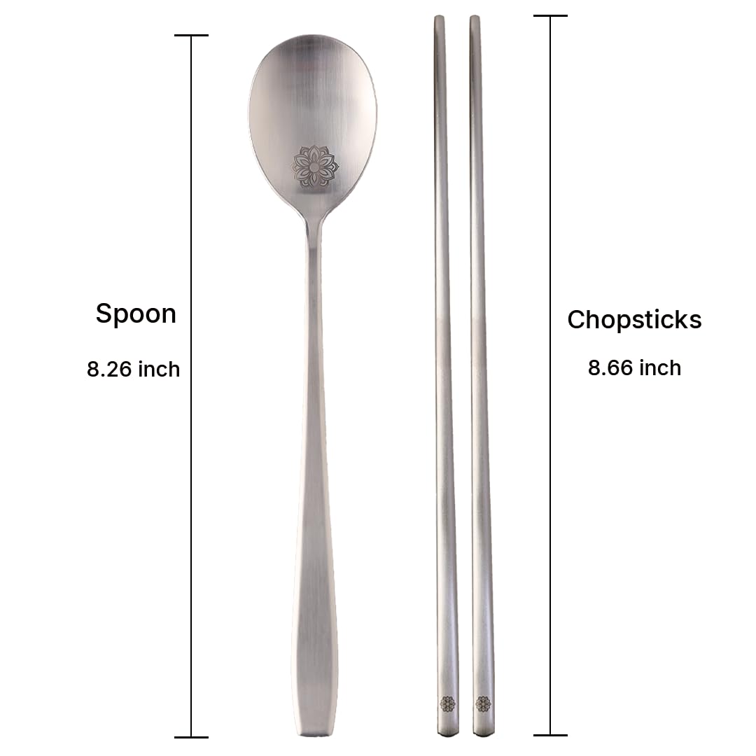 BAPMOO Korean Spoon and Chopsticks Set, 18/10 Stainless Steel Sujeo Gift Set for One, Laser Engraved Floral Spoon, Gift-Ready Korean Tableware