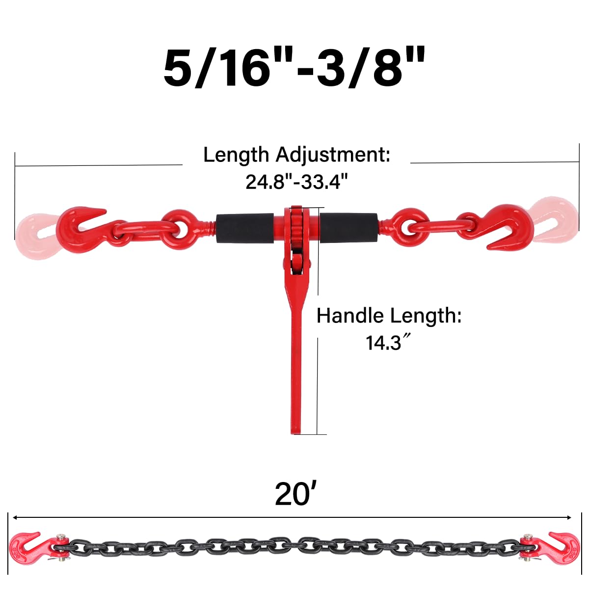 Lechansen Chain and Binders Kit 5/16" - 3/8", 2 Pack G80 Ratchet Load Binder 5/16" to 3/8", G80 Transport Chain × 20 Feet with G80 Hook, 5,400 lbs WLL Ratchet Binder and Chain for Towing, Hauling