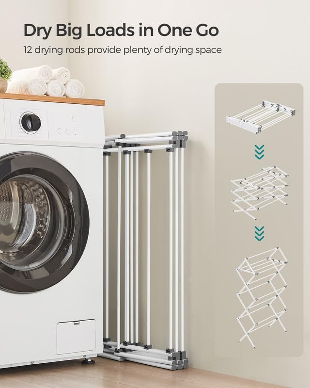 SONGMICS Foldable Clothes Drying Rack - Steel Frame Laundry Airer for Indoor/Outdoor Use | 14.6 x 29.5 x 53.2 Inches, Easy Assembly, White