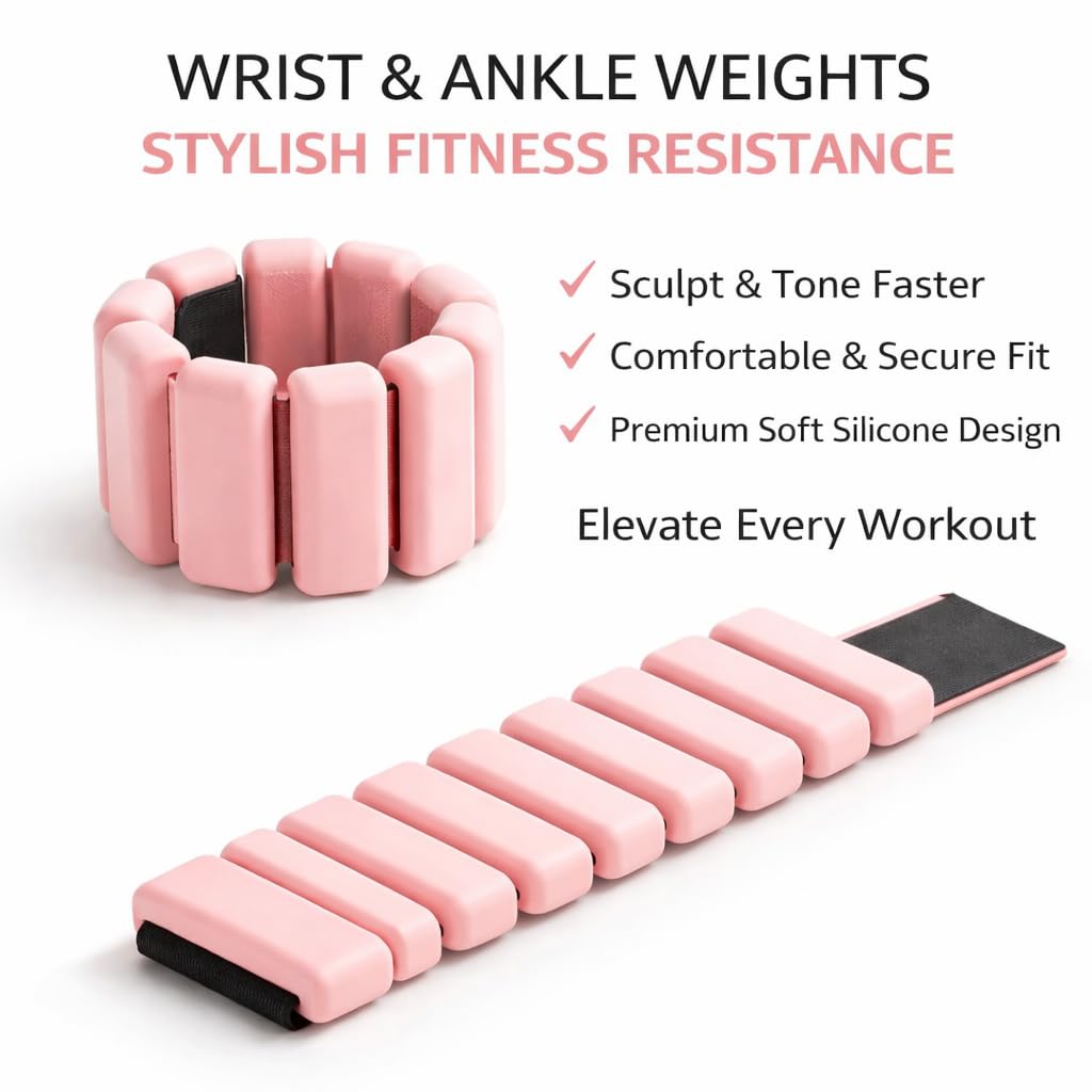 Elegance Adjustable Wrist & Ankle Weights for Women – Wearable Fitness Bracelets for Pilates, Yoga, Walking & Home Workout – Soft Silicone Weighted Bangles (1 LB Pair) (Pink)