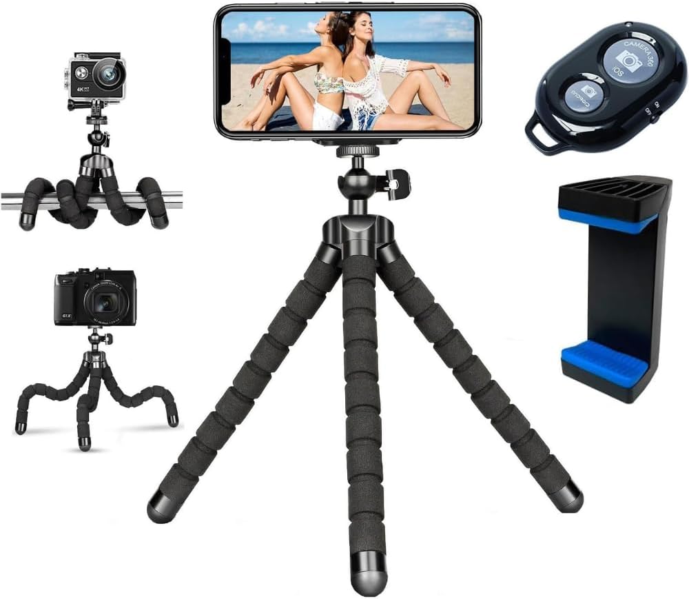 Acuvar Flexible Phone Tripod Stand with Wireless Remote & Adjustable Holder, Mini Smartphone Tripod for iPhone