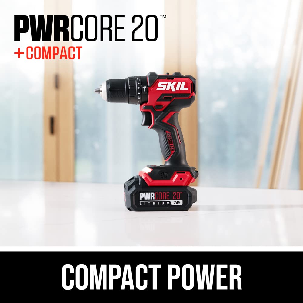 SKIL PWR CORE 20 Brushless 20V 1/2 in. Compact 3-in-1 Hammer Drill Kit with 1/2'' Single-Sleeve, Keyless Chuck & LED Worklight Includes 2.0Ah Battery and PWR Jump Charger - HD6294B-10