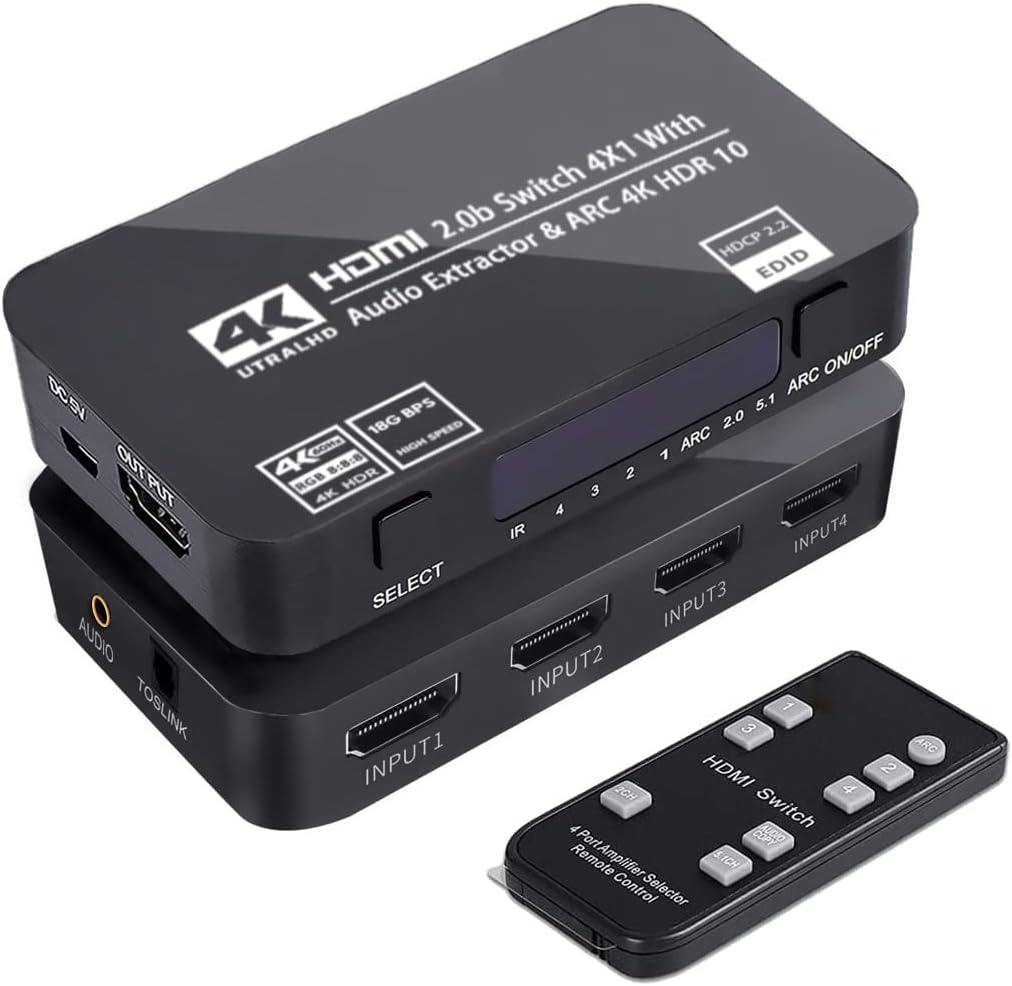 Wonlyus 4x1 4K@60Hz 3.5mm 3D, 1080P @120Hz, 4Kx2k @60Hz HDMI Switch with Audio Extractor, Ultra HD HDMI Switcher