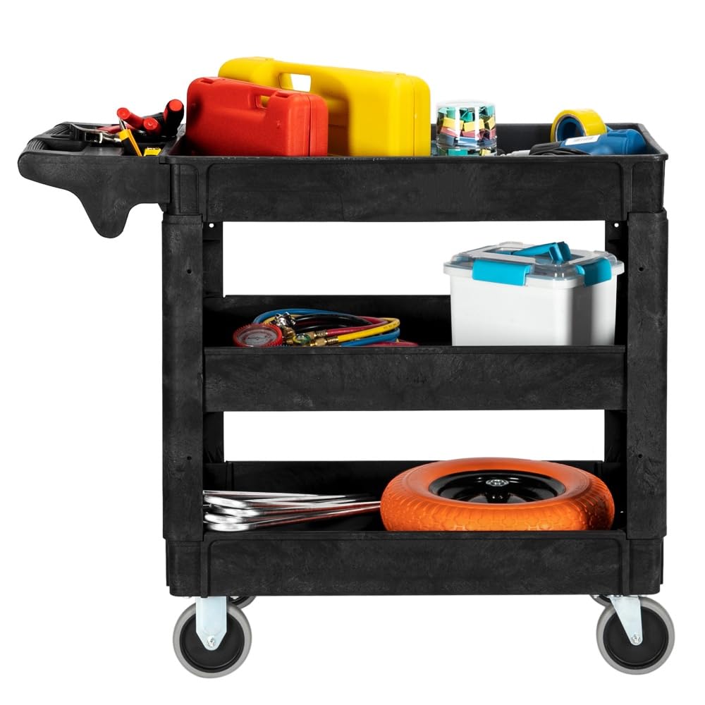 LEADZM 3-Shelf Plastic Service Utility Cart, Steady & Durable Tub Cart with Deep Shelves, Large Capacity, Multi-Function Handle Storage and 360°Flexible Wheels with Braker, Great for Warehouse/Garage