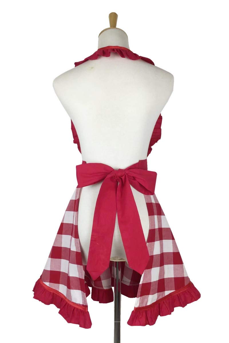 Hyzrz Lovely Retro Aprons for Women with Pocket Cotton Cooking Mother's Day Apron Dress Gift (Red Grid)