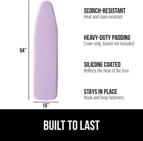GORILLA GRIP The Original Ironing Board Cover and Pad, Silicone Coating, 400°F Scorch Resistant Thick Padding, Heavy Duty Iron Covers Standard Boards, Hook and Loop Fastener Strap, Light Purple 15x54