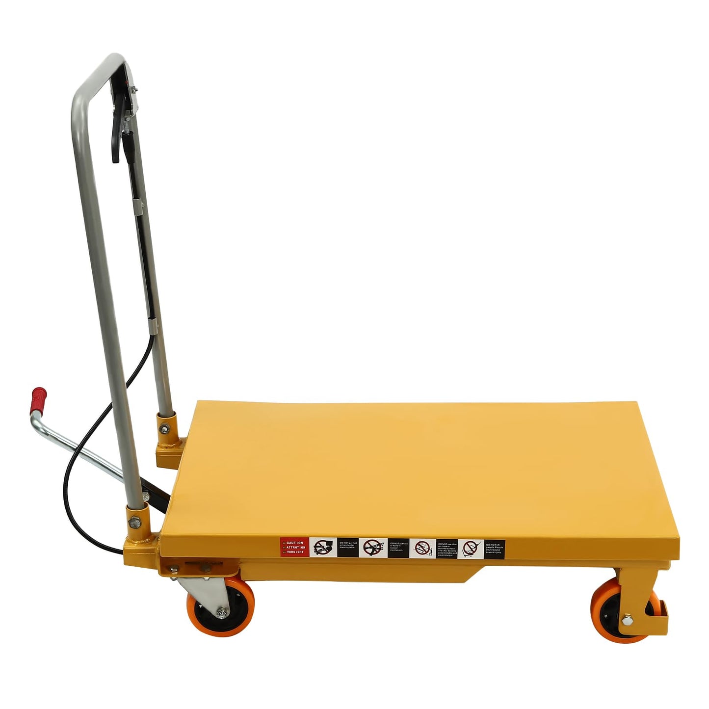 Hydraulic Lift Table Cart 500 lbs Load Capacity Manual Hydraulic Single Scissor Cart with Wide Deck, 4 Locking Wheels for Material Handling & Transportation (Yellow)
