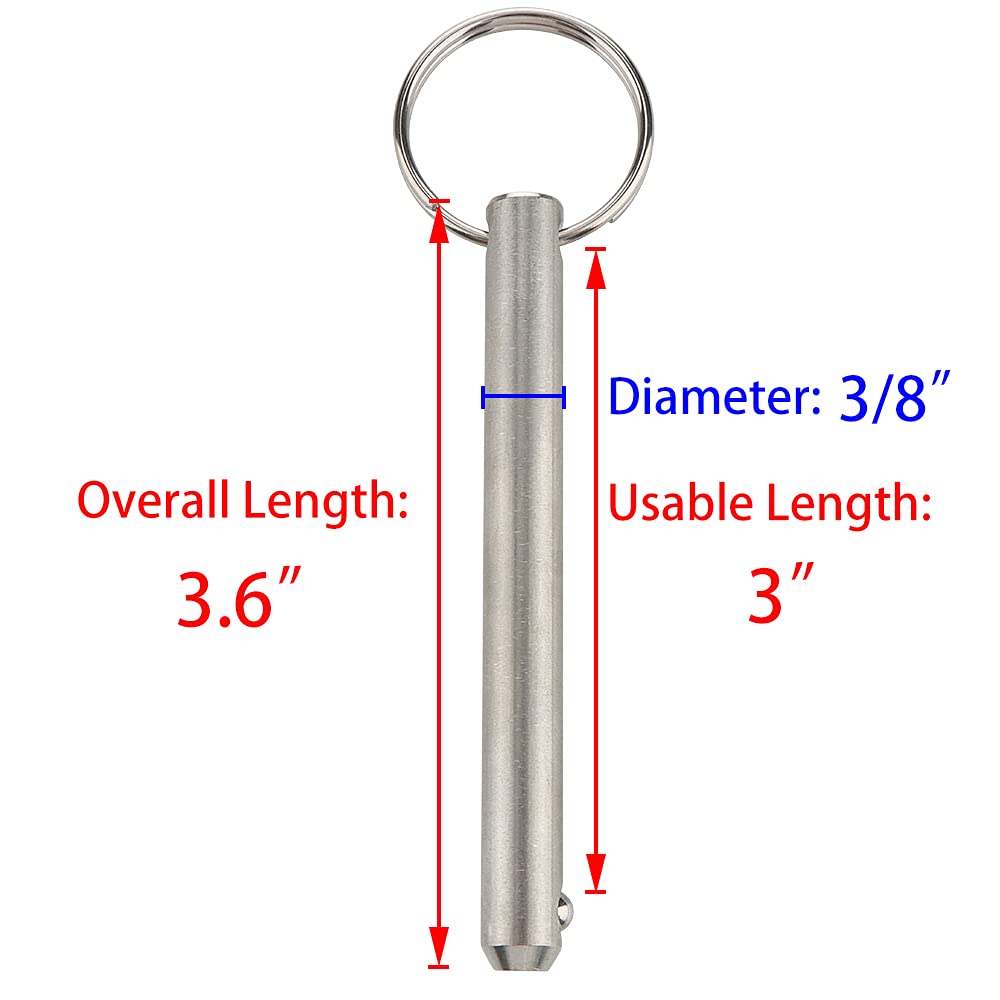 4 Pcs Long Quick Release Pin, Diameter 3/8"(9.5mm), Usable Length 3"(76mm), Overall Length 3.6"(92mm), Full 316 Stainless Steel, Bimini Top Pin, Marine Hardware
