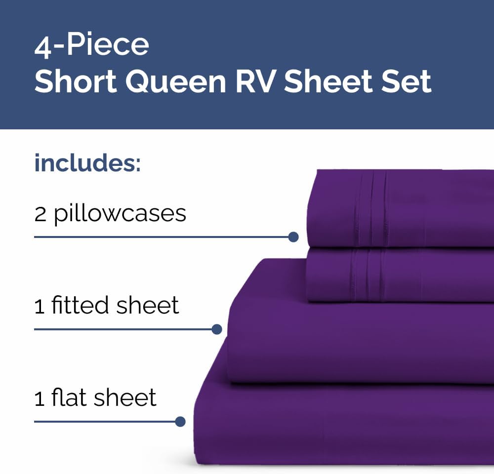 RV Short Queen Sheet Set - Soft, Breathable & Cooling 4-Piece Bedding for Trailers | Fits 8” to 12” Mattresses - Purple
