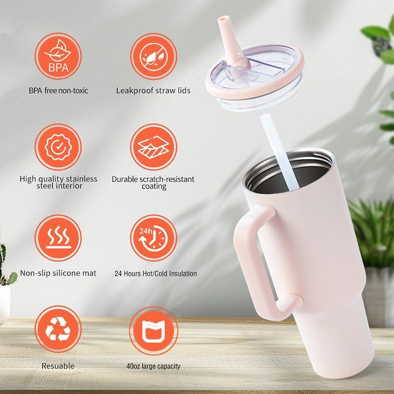 Shoindary Leak Proof 40 oz Flip Straw Tumbler with Handle - Fits in Cup Holder, Reusable Vacuum Insulated Stainless Steel with Rubber Base & BPA Free Lid - Gifts for Women & Men(rose quartz1)